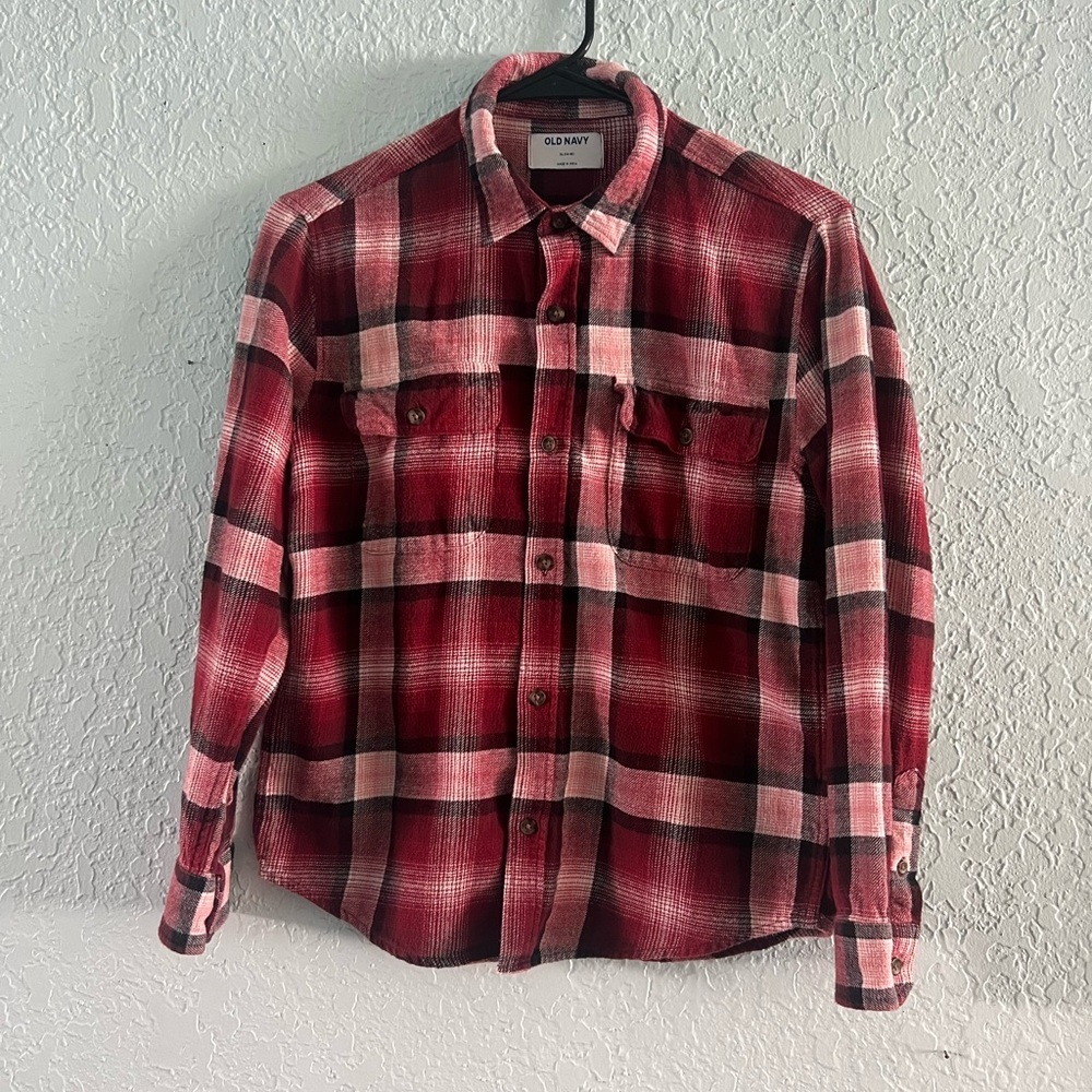 Old Navy Burgundy Red and Black Plaid Flannel Button Down Shirt